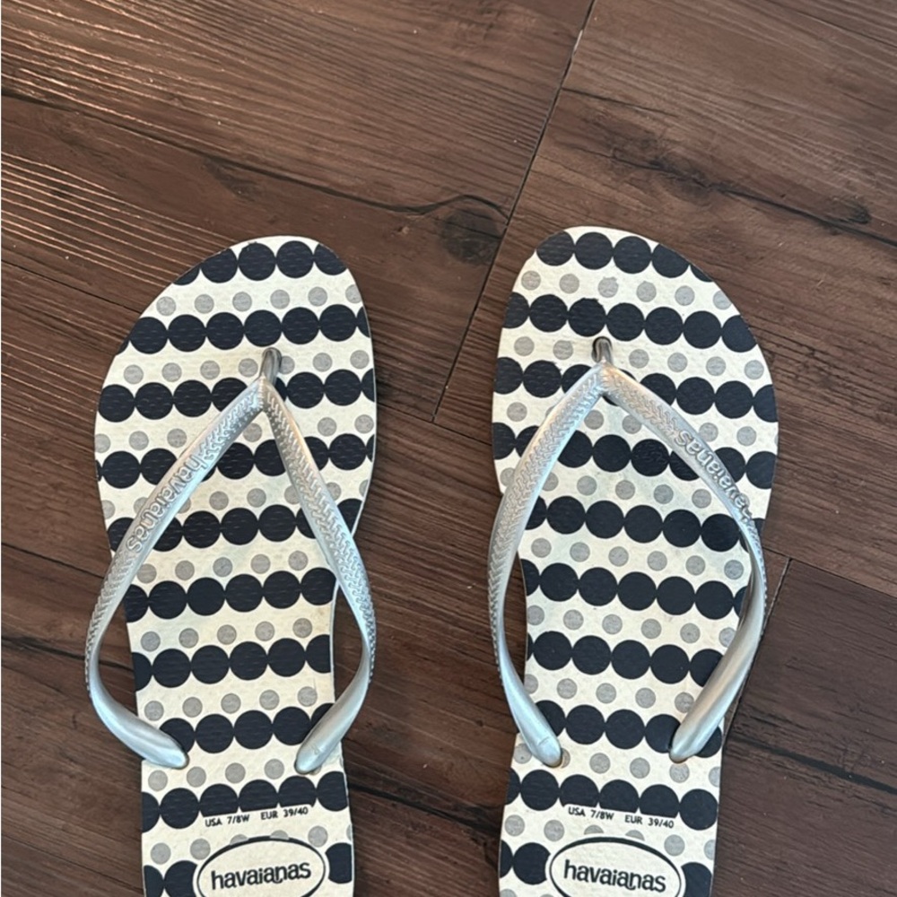 Havaianas Silver Strap Flip Flops with Black Dots